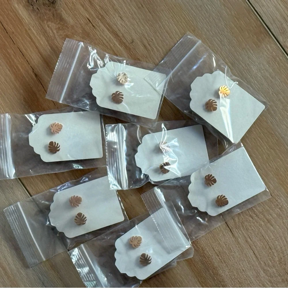 7 Pair of Tropical Leaf Monstera Earrings Bridesmaid Gift Rose Gold Studs